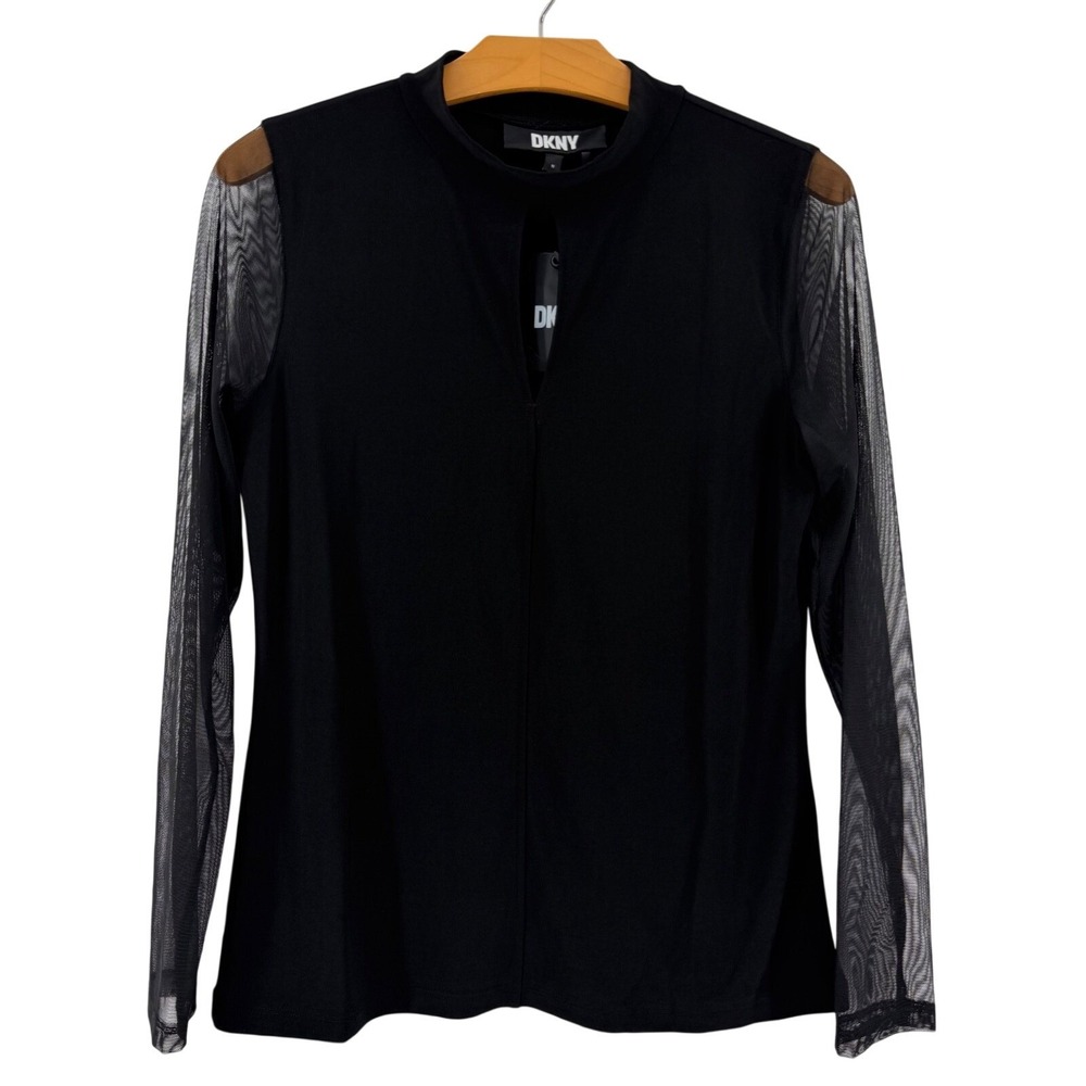 DKNY Mesh Sleeve Keyhole Mock Neck Top Womens Medium Black NWT